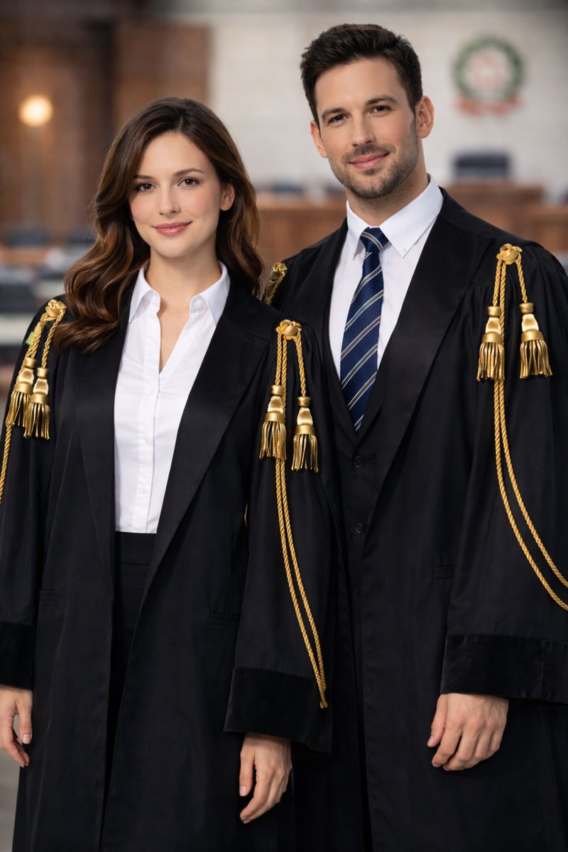 Toga in cotone o lana con rifiniture in velluto o in raso, con arricciatura sul retro. Sono disponibili nelle taglie S/M (altezza fino a 170cm) e M/L (altezza oltre 170cm).